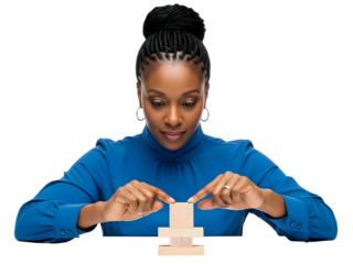 Business Woman Building Tower from Wooden Blocks Planning Strategy Concept