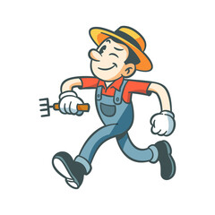 Cartoon Farmer Running with Pitchfork Isolated on Transparent Background Vector Illustration Character in Overalls and Straw Hat Digital Art Style