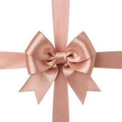 Sophisticated rose gold ribbon bow isolated on transparent background, ideal for adding a touch of...