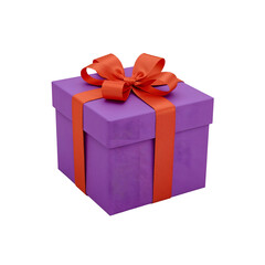 Obraz premium A textured purple gift box isolated on transparent background, featuring a bright orange ribbon and bow, ideal for birthdays, holidays, and special moments