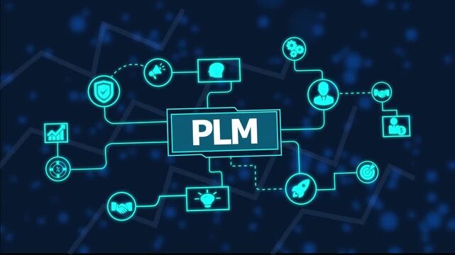 PLM concept illustration showcasing product lifecycle management, design optimization, development workflow, collaboration, and digital innovation for efficient business operations.