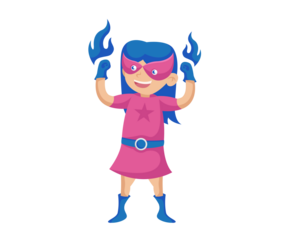 Cartoon Girl in Pink Costume with Blue Hair and Fire on Transparent Background