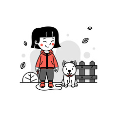 Cartoon Girl in Red Jacket with White Dog Beside Fence Vector Illustration
