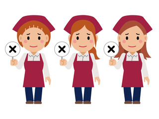 不正解の札を上げる真紅のエプロンと三角巾の女性。その2