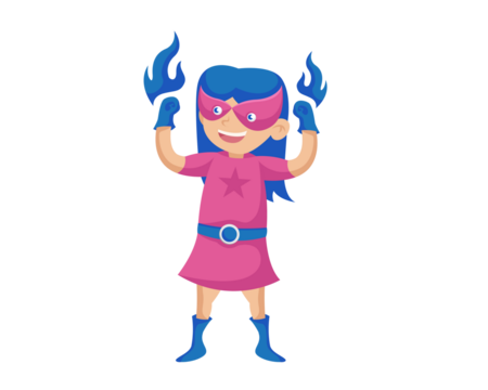 Cartoon Girl in Pink Costume with Blue Hair and Fire on Transparent Background