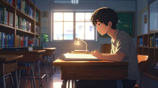 Focused Anime Boy Studying at a Desk in a Sunlit Library.