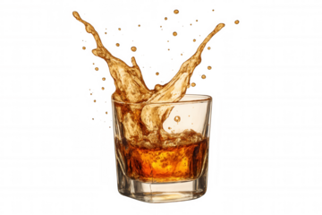 Whiskey splashing in a glass, dynamic beverage shot with liquid drops, transparent alpha background