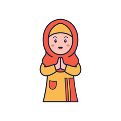 Cartoon Girl in Orange Hijab Praying with Folded Hands on White Background