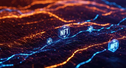 Dynamic digital network with glowing NFT icons representing blockchain technology and secure cryptocurrency assets for modern finance