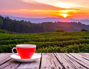Red teacup on weathered wood, sunrise over tea plantation