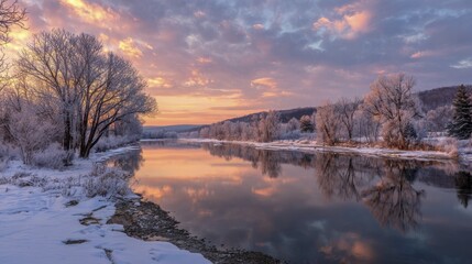 Fototapeta premium Serene winter river with snow-covered banks and frosty trees reflecting a colorful sky at sunrise