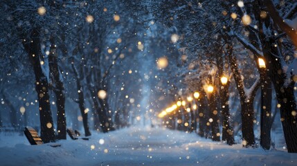Snowy park pathway with lanterns during a snowfall at dusk