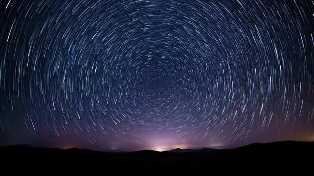 Circular star trails arc across a deep night sky above a dark horizon, forming abstract celestial energy patterns in a timelapse timelapse, natural phenomenon, motion