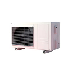 Obraz premium A white, rectangular appliance with a fan grill, feet, and vents; isolated on black