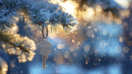 House key with a cozy home shaped keyring hanging from a frosty snow covered pine tree branch with golden bokeh lights