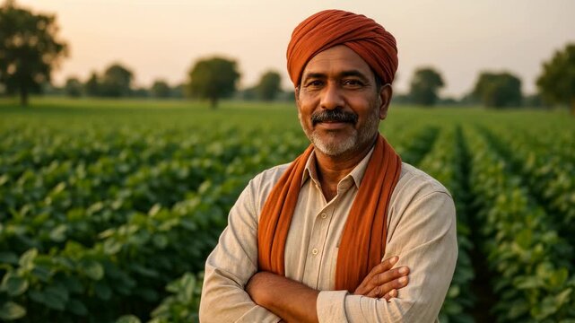 A cheerful farmer in traditional attire stands confidently in a lush field at sunset. The video captures a close-up angle, highlighting his smile.