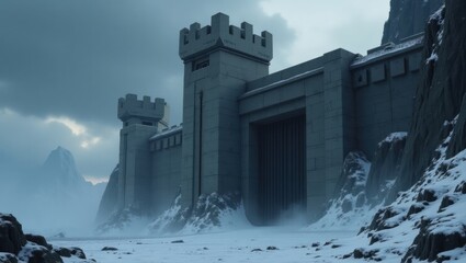 Tundra fortress braced against filled sky, surrounded by icy cliffs and mechanical guard towers
