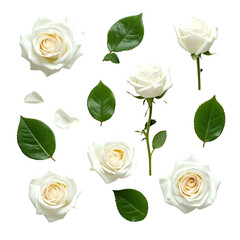 An arrangement of white roses, petals, and green leaves on a black background