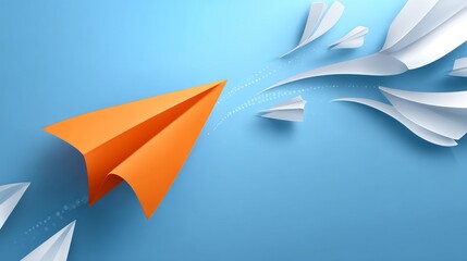Orange paper airplane leading other white ones in flight