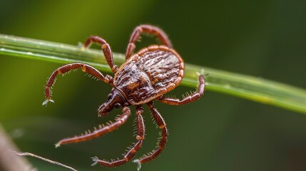 Tick with a small, oval, brown body clinging to green grass blades or animal fur, showing its segmented legs and tiny mouthparts, in soft outdoor daylight with subtle shadows highlighting its details.
