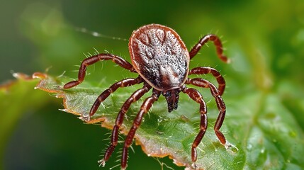 Tick with a small, oval, brown body clinging to green grass blades or animal fur, showing its segmented legs and tiny mouthparts, in soft outdoor daylight with subtle shadows highlighting its details.