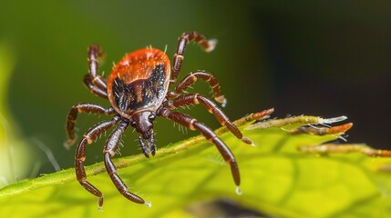 Tick with a small, oval, brown body clinging to green grass blades or animal fur, showing its segmented legs and tiny mouthparts, in soft outdoor daylight with subtle shadows highlighting its details.