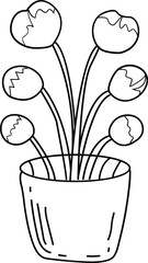 Black and White Flower Pot Illustration | Simple Line Art Botanical Drawing | Minimal Hand Drawn Floral Plant with Multiple Blooms for Coloring Page, Print Design and Home Decor