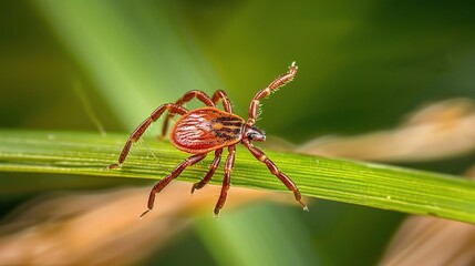 Tick with a small, oval, brown body clinging to green grass blades or animal fur, showing its segmented legs and tiny mouthparts, in soft outdoor daylight with subtle shadows highlighting its details.