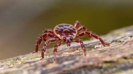 Tick with a small, oval, brown body clinging to green grass blades or animal fur, showing its segmented legs and tiny mouthparts, in soft outdoor daylight with subtle shadows highlighting its details.