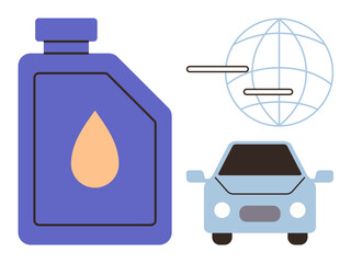 Purple oil container, light blue car, and a globe indicating sustainability in transportation. Ideal for automobile care, eco-conscious services, research, technology, mobility, logistics simple