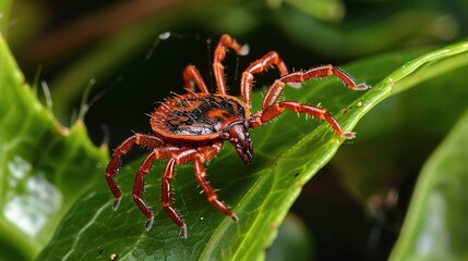 Tick with a small, oval, brown body clinging to green grass blades or animal fur, showing its segmented legs and tiny mouthparts, in soft outdoor daylight with subtle shadows highlighting its details.