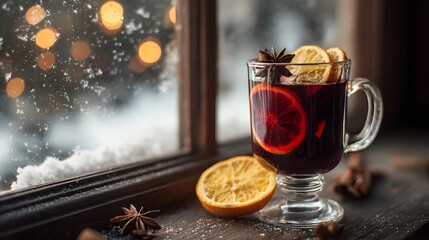 Cozy Mulled Wine on Snowy Winter Windowsill