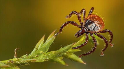 Tick with a small, oval, brown body clinging to green grass blades or animal fur, showing its segmented legs and tiny mouthparts, in soft outdoor daylight with subtle shadows highlighting its details.