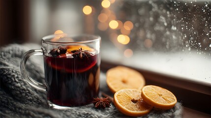Cozy Mulled Wine on Snowy Winter Windowsill