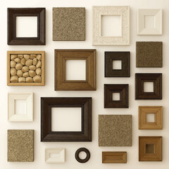 collection of vintage wooden photo frames on wall for decoration and art display