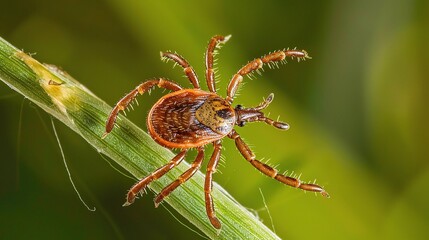 Tick with a small, oval, brown body clinging to green grass blades or animal fur, showing its segmented legs and tiny mouthparts, in soft outdoor daylight with subtle shadows highlighting its details.