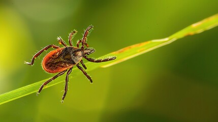 Tick with a small, oval, brown body clinging to green grass blades or animal fur, showing its segmented legs and tiny mouthparts, in soft outdoor daylight with subtle shadows highlighting its details.
