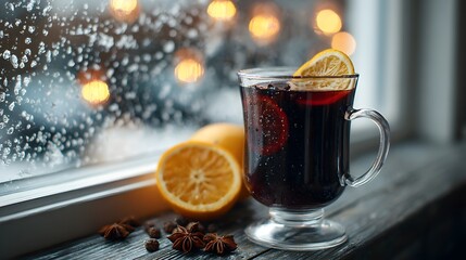 Cozy Mulled Wine on Snowy Winter Windowsill