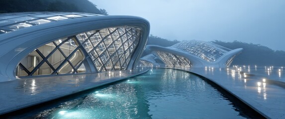 Modern architectural structure with unique curved roof and water feature