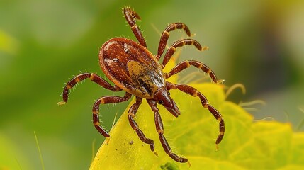 Tick with a small, oval, brown body clinging to green grass blades or animal fur, showing its segmented legs and tiny mouthparts, in soft outdoor daylight with subtle shadows highlighting its details.