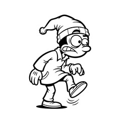Obraz premium Cartoon boy in winter hat walking cautiously with worried expression
