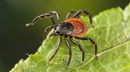 Tick with a small, oval, brown body clinging to green grass blades or animal fur, showing its segmented legs and tiny mouthparts, in soft outdoor daylight with subtle shadows highlighting its details.