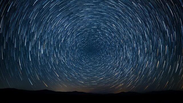 Circular star trails arc across a deep night sky above a dark horizon, forming abstract celestial energy patterns in a timelapse abstract, evolution, sky scape