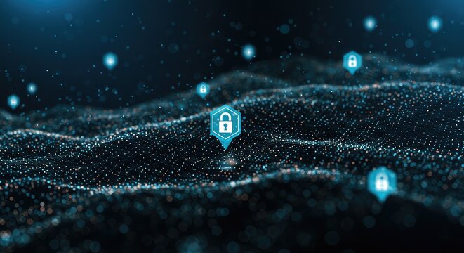 Experience robust digital protection with this stunning cybersecurity network, featuring glowing data particles and secure padlock icons safeguarding your valuable information.