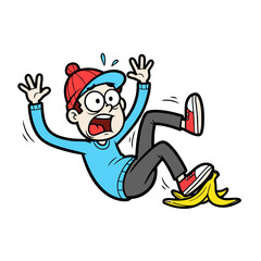 Surprised man in blue shirt and red hat slipping on banana peel, with arms flailing and eyes wide