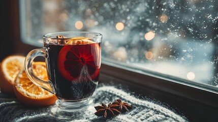 Cozy Mulled Wine on Snowy Winter Windowsill