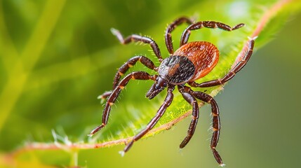 Tick with a small, oval, brown body clinging to green grass blades or animal fur, showing its segmented legs and tiny mouthparts, in soft outdoor daylight with subtle shadows highlighting its details.