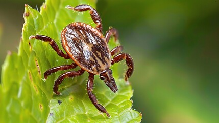 Tick with a small, oval, brown body clinging to green grass blades or animal fur, showing its segmented legs and tiny mouthparts, in soft outdoor daylight with subtle shadows highlighting its details.