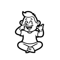 Obraz premium Cartoon boy sitting crosslegged, touching nose and making shaka sign