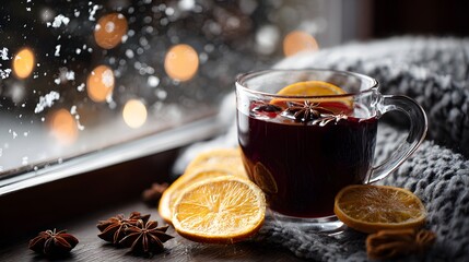 Cozy Mulled Wine on Snowy Winter Windowsill